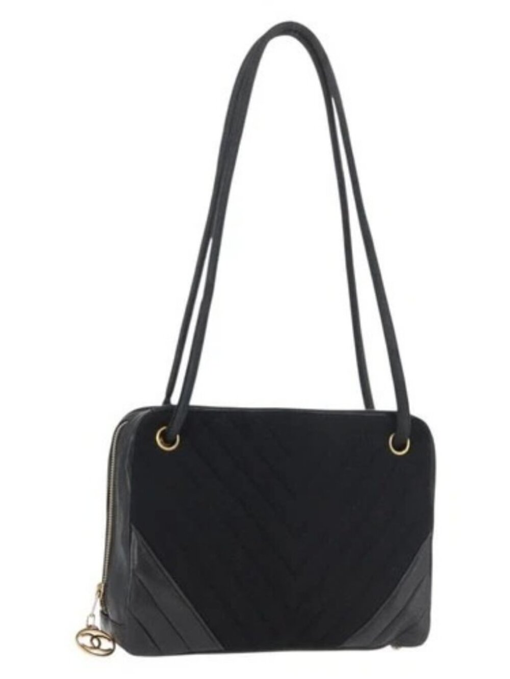 CHANEL V Stitch Shoulder Bag Cotton Black Gold CC Auth bs35307